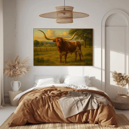 Majestic Texas Longhorn Bull Artwork Rustic Western Ranch Farmhouse Cattle Animal Print Cowboy Country Wall Art Home Decor Wall Art – Canvas Print