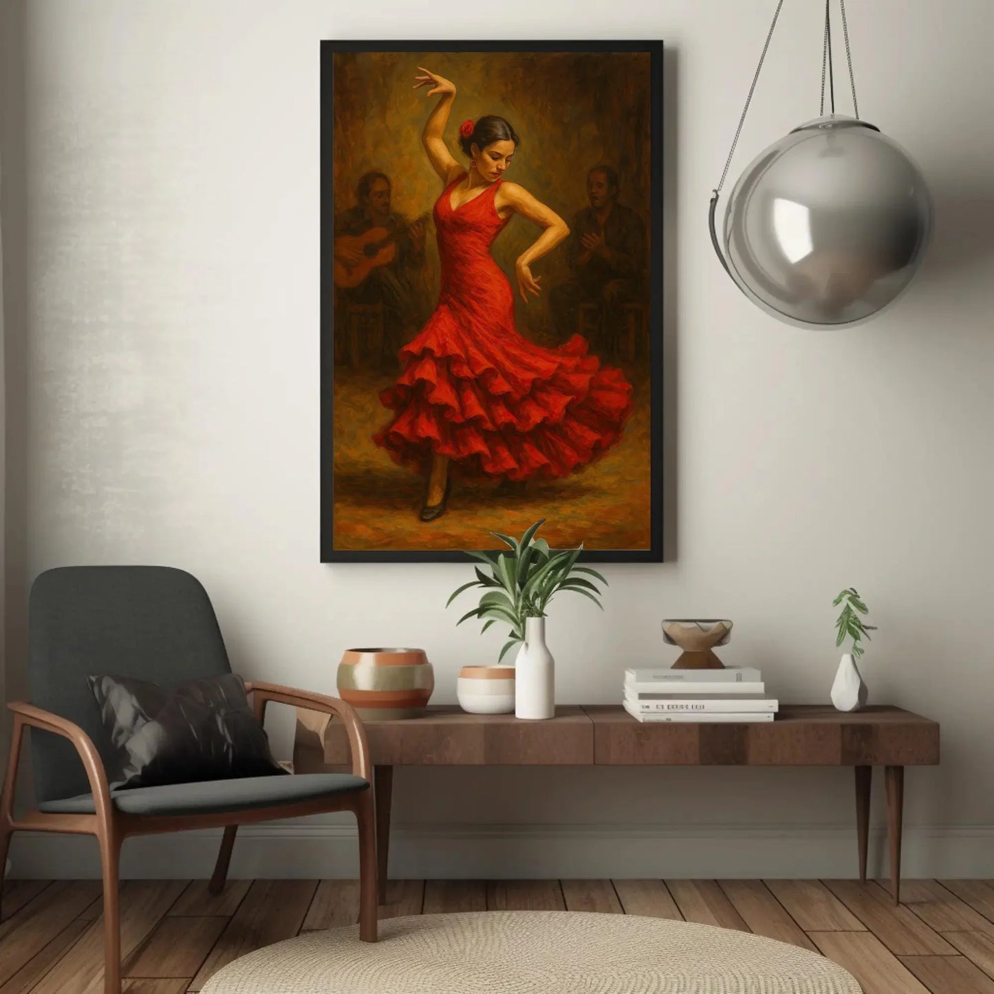 Elegant Spanish Flamenco Dancer in Red Dress Oil Painting Wall Art | Passionate Traditional Dance Scene Print for Cultural Home Decor Wall Art – Canvas Print