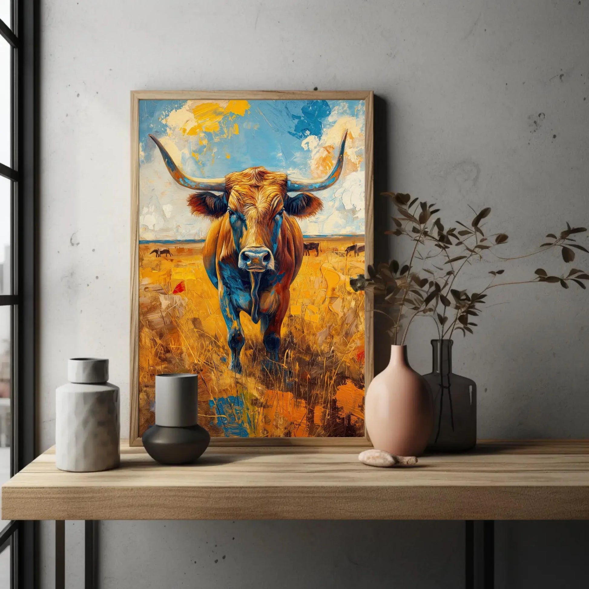 Texas Longhorn Cow Oil Painting Vertical Canvas | Rustic Western Wall Art | Framed Farmhouse Decor for Living Room, Bedroom, Ready to Hang Wall Art – Canvas Print
