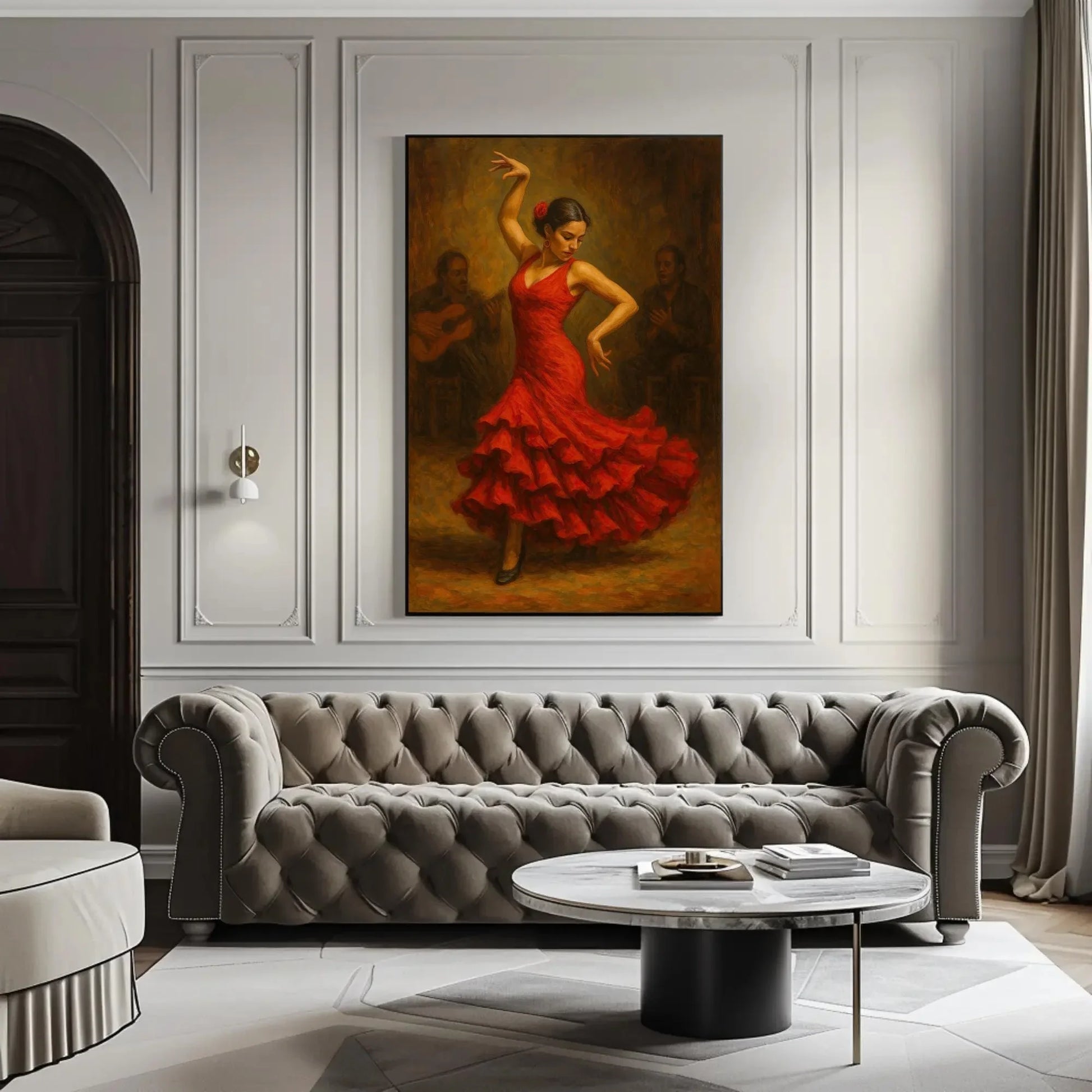 Elegant Spanish Flamenco Dancer in Red Dress Oil Painting Wall Art | Passionate Traditional Dance Scene Print for Cultural Home Decor Wall Art – Canvas Print