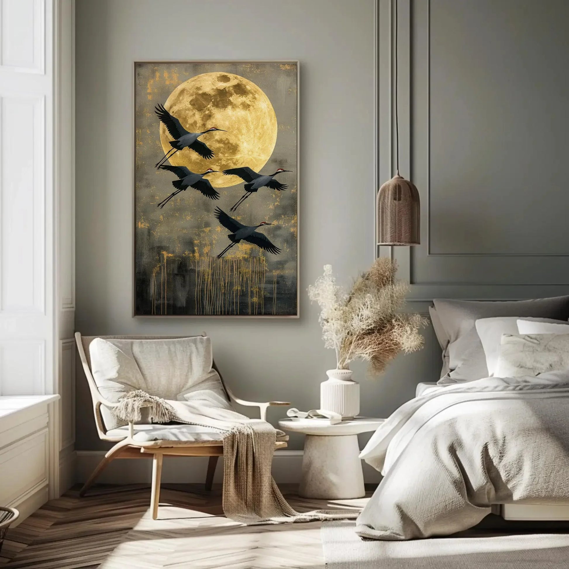 Flying Crane Canvas Print, Extra Large Golden Moon Sky Wall Art, Elegant Bird Painting, Japandi, Boho, Nature Bedroom and Living Room Decor Wall Art – Canvas Print