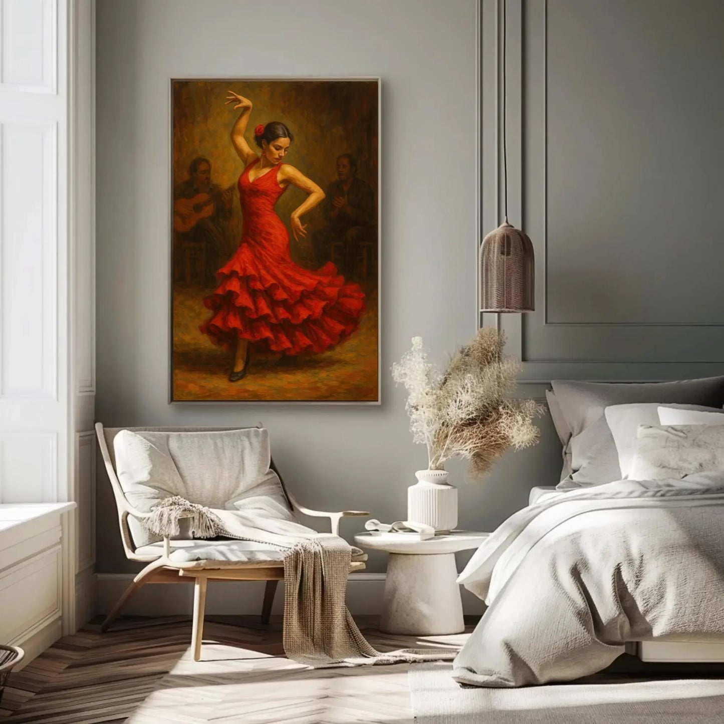 Elegant Spanish Flamenco Dancer in Red Dress Oil Painting Wall Art | Passionate Traditional Dance Scene Print for Cultural Home Decor Wall Art – Canvas Print