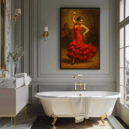 Elegant Spanish Flamenco Dancer in Red Dress Oil Painting Wall Art | Passionate Traditional Dance Scene Print for Cultural Home Decor Wall Art – Canvas Print
