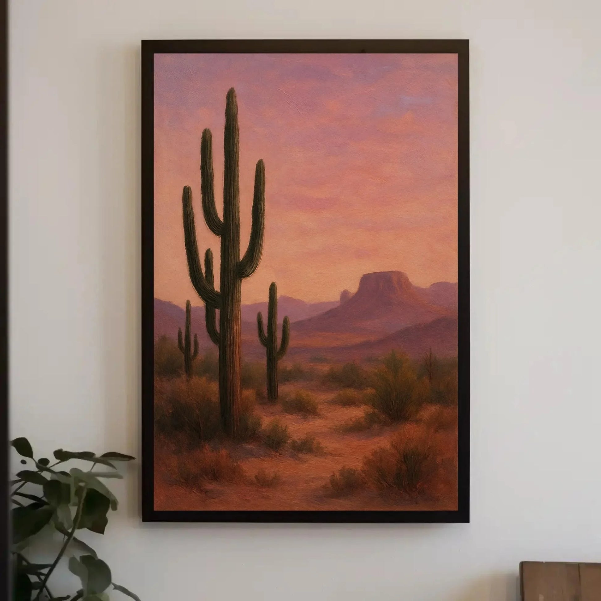 Desert Cactus Sunset Canvas Print, Southwestern Saguaro Wall Art for Boho Living Room or Office, Warm Western Landscape Print Wall Art – Canvas Print