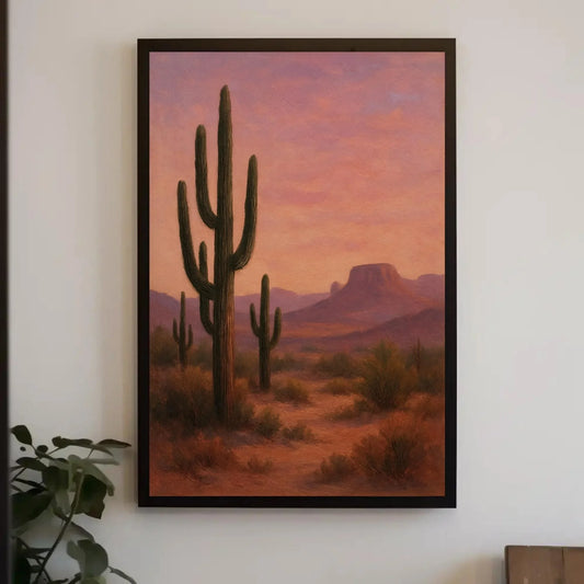 Desert Cactus Sunset Canvas Print, Southwestern Saguaro Wall Art for Boho Living Room or Office, Warm Western Landscape Print Wall Art – Canvas Print