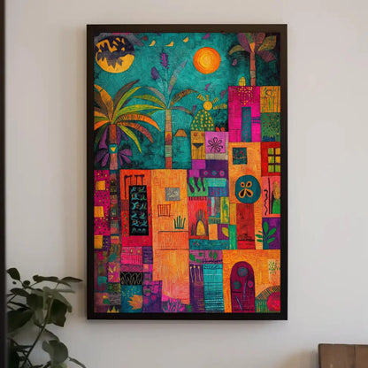 Mexican Town Folk Art Style Canvas Print, Vibrant Mexico Painting, Cultural Wall Art for Living Room or Kitchen Decor Wall Art – Canvas Print