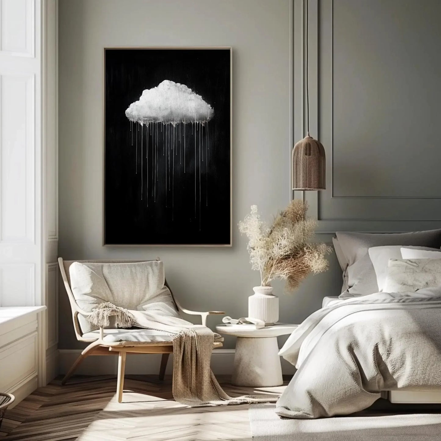 Oversized Dripping Cloud Canvas Wall Art in Monochrome, Minimalist Abstract Sky Painting for Bedroom or Contemporary Interiors Wall Art – Canvas Print