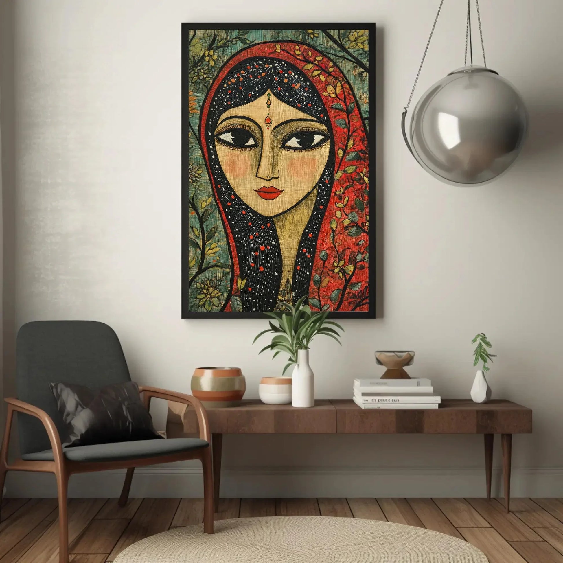 Indian Woman Sage Green Canvas Print, Madhubani-Inspired Folk Art, Traditional Indian Artwork for Restaurant Decor or Living Room Art Gift Wall Art – Canvas Print