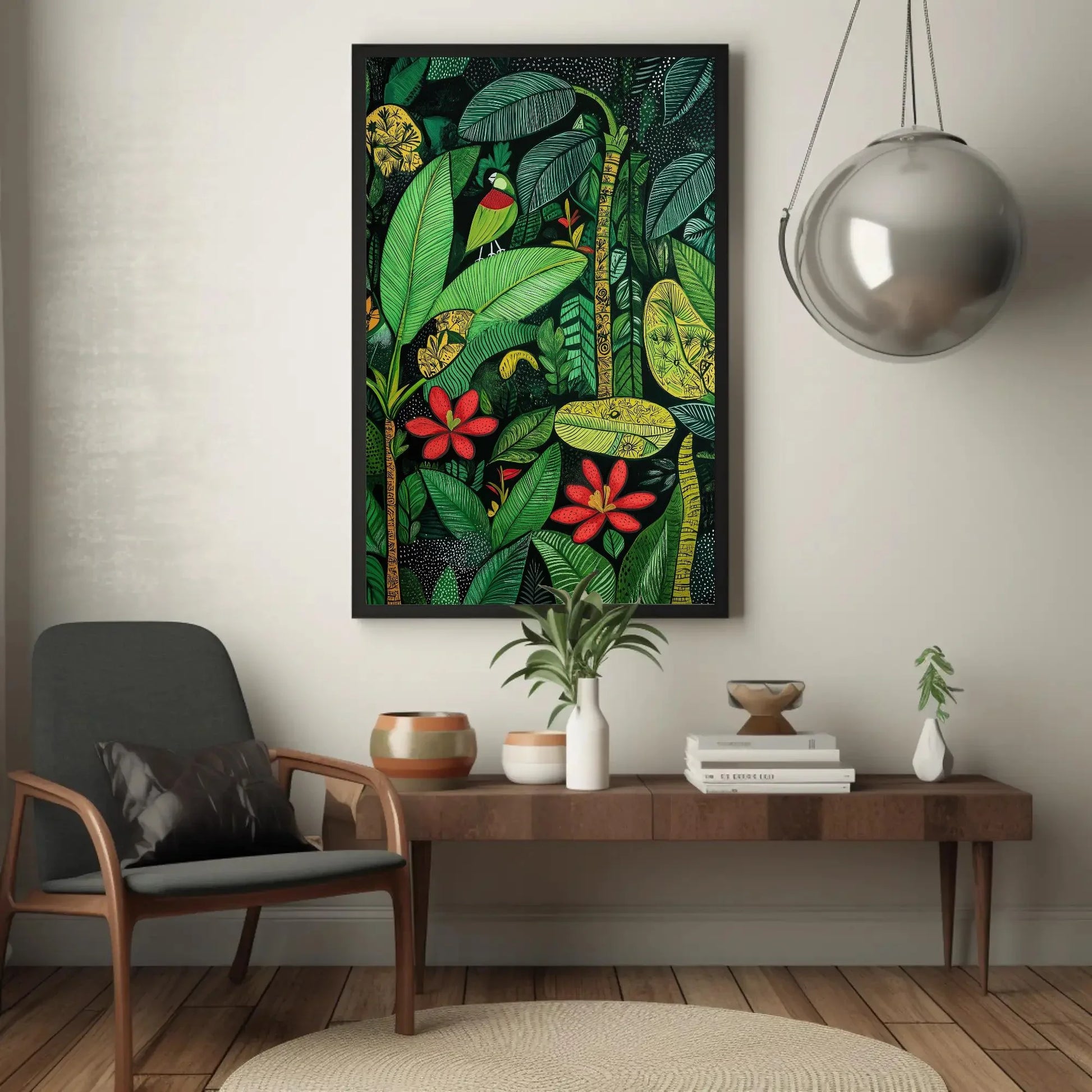 Madhubani Style Tropical Green Indian Jungle Canvas Print, Traditional Indian Wall Art, Vibrant Green Decor for Living Room or Bedroom Wall Art – Canvas Print