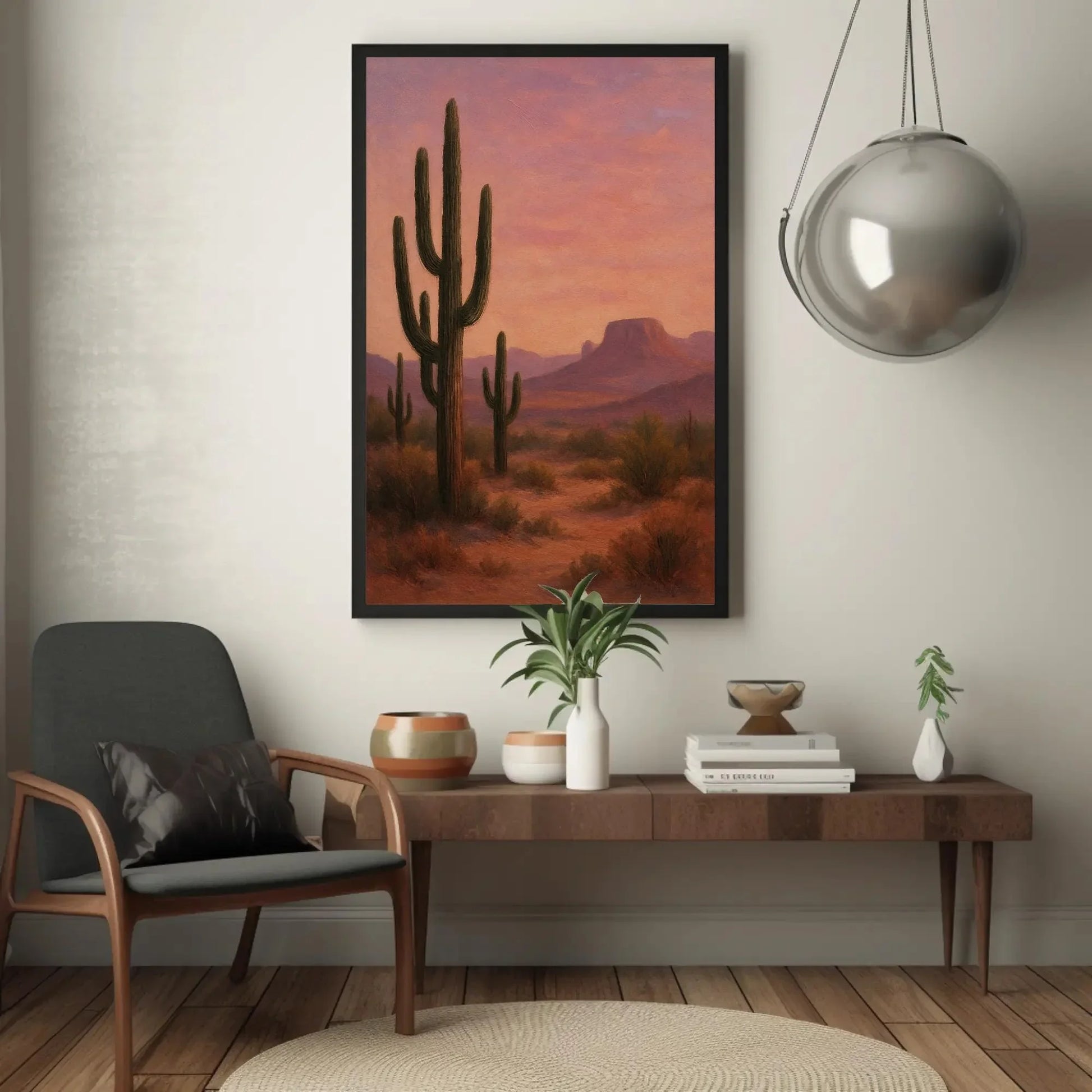 Desert Cactus Sunset Canvas Print, Southwestern Saguaro Wall Art for Boho Living Room or Office, Warm Western Landscape Print Wall Art – Canvas Print