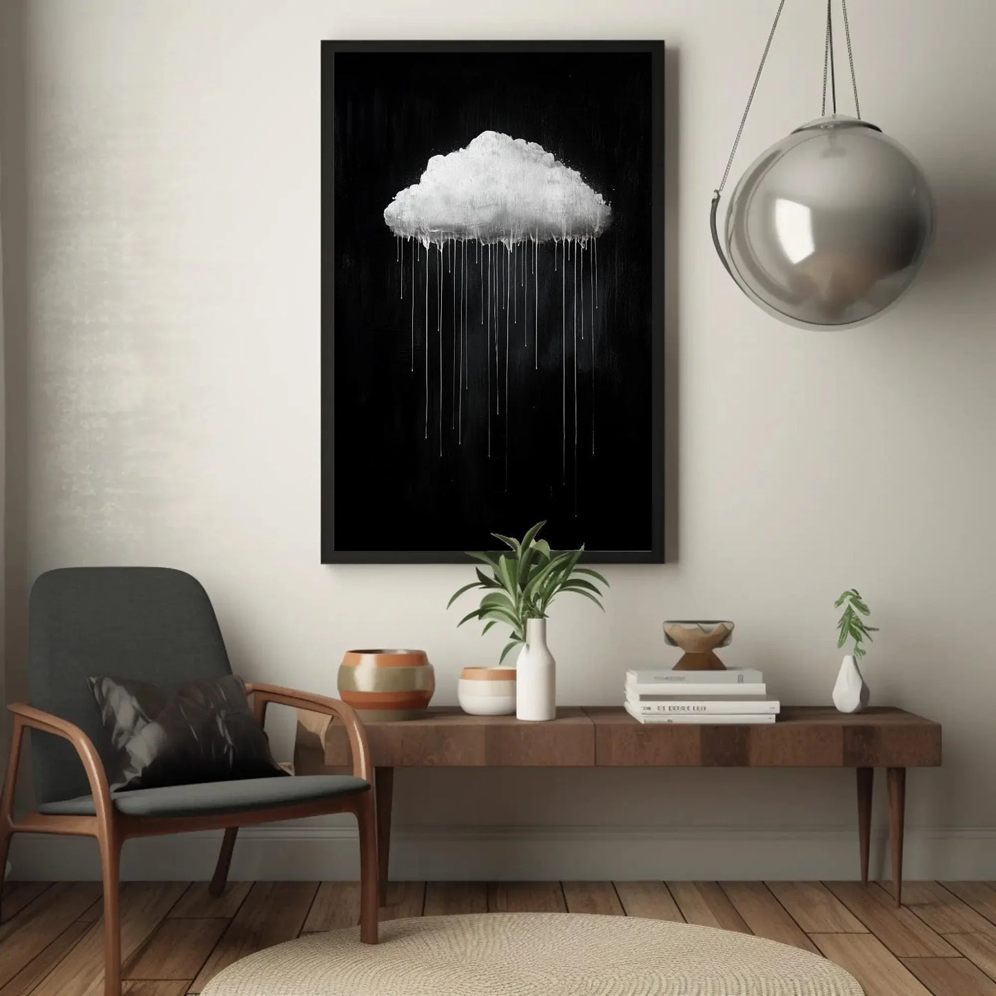Oversized Dripping Cloud Canvas Wall Art in Monochrome, Minimalist Abstract Sky Painting for Bedroom or Contemporary Interiors Wall Art – Canvas Print