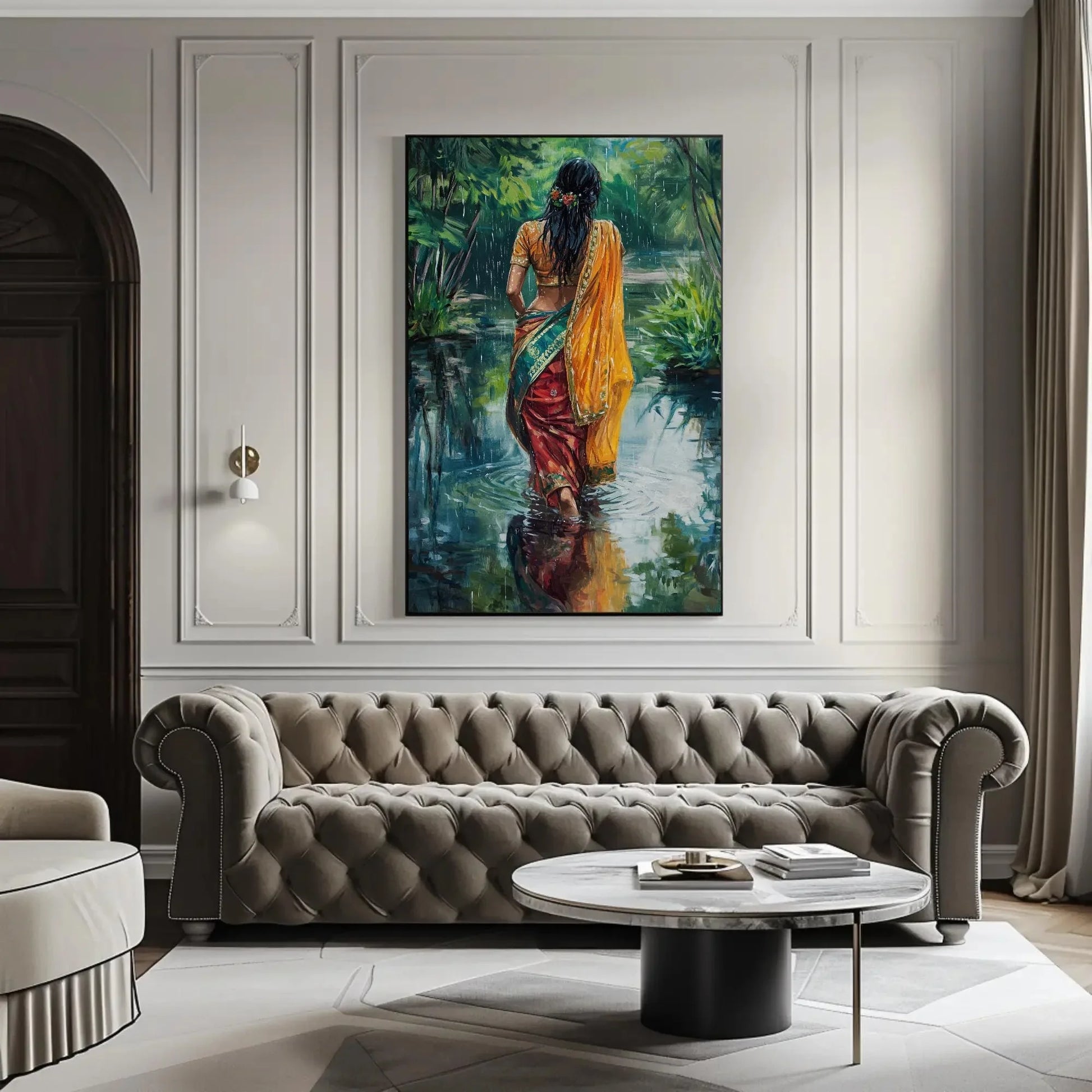 Indian Women in Sarees Walking in Rain Canvas Print | Vibrant Traditional Oil Painting | Cultural Indian Wall Art for Living Room or Bedroom Wall Art – Canvas Print