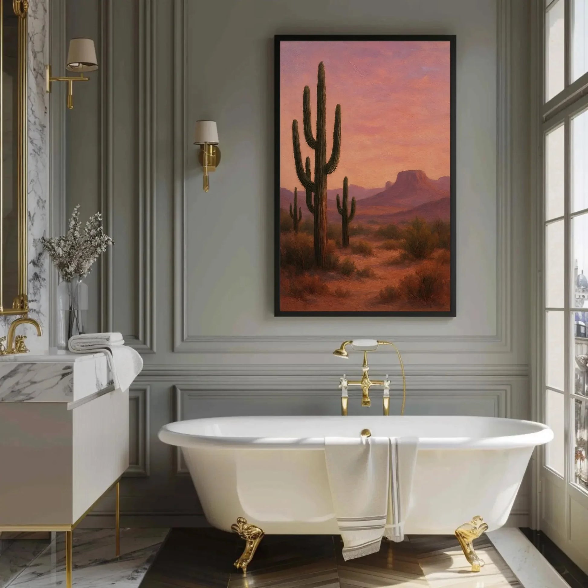 Desert Cactus Sunset Canvas Print, Southwestern Saguaro Wall Art for Boho Living Room or Office, Warm Western Landscape Print Wall Art – Canvas Print