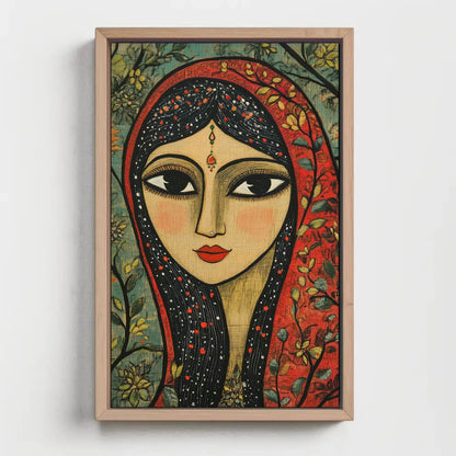 Indian Woman Sage Green Canvas Print, Madhubani-Inspired Folk Art, Traditional Indian Artwork for Restaurant Decor or Living Room Art Gift Wall Art – Canvas Print