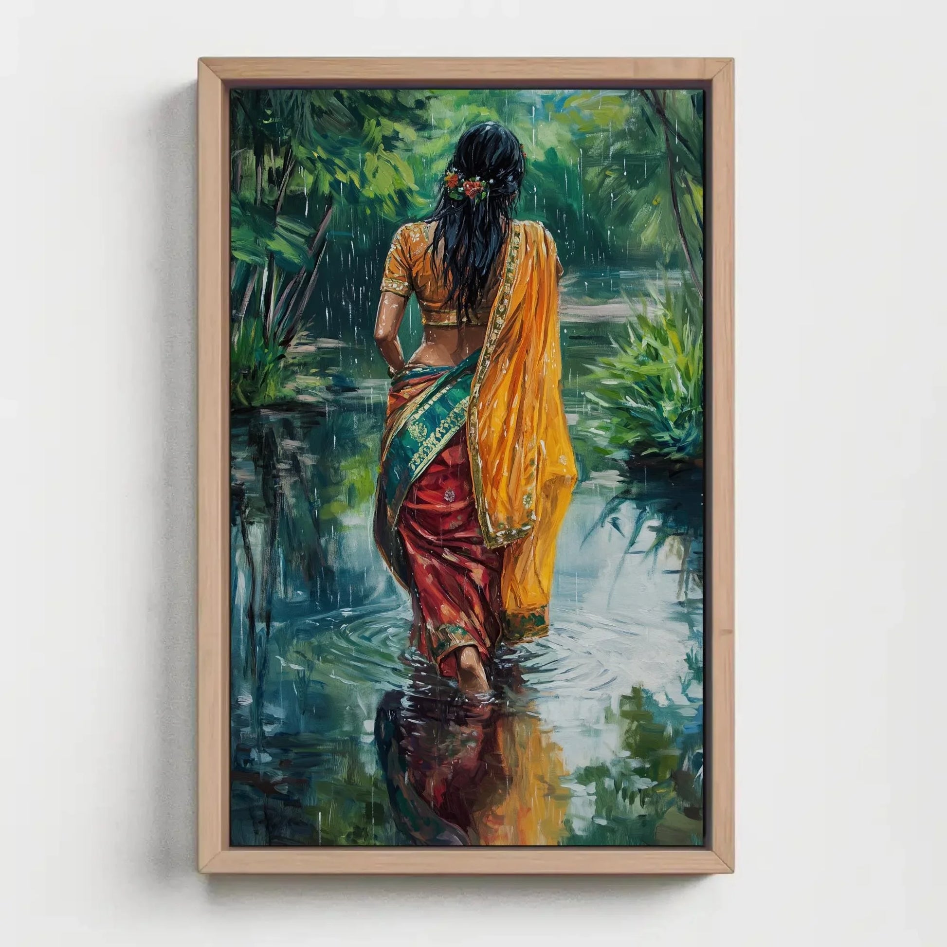 Indian Women in Sarees Walking in Rain Canvas Print | Vibrant Traditional Oil Painting | Cultural Indian Wall Art for Living Room or Bedroom Wall Art – Canvas Print