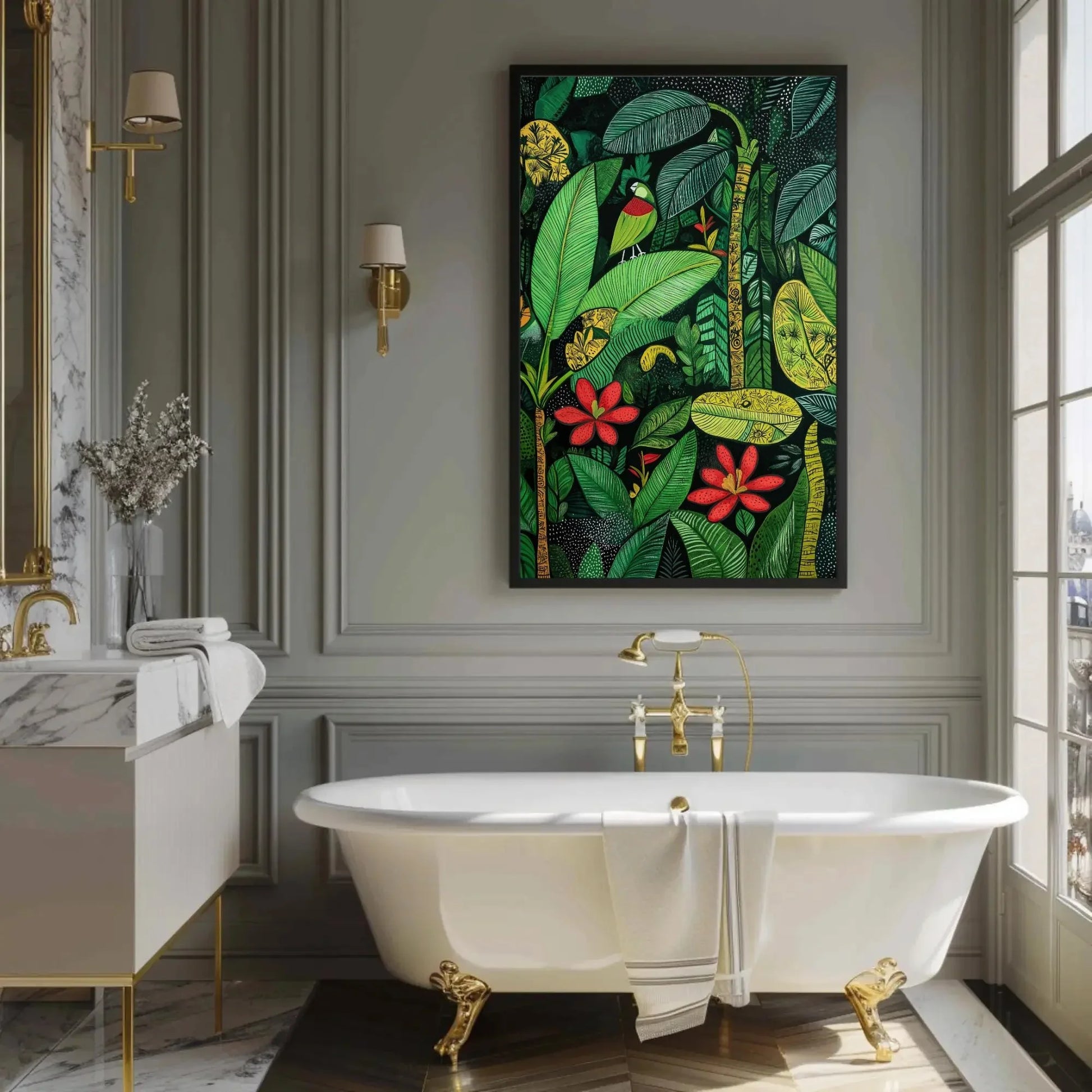 Madhubani Style Tropical Green Indian Jungle Canvas Print, Traditional Indian Wall Art, Vibrant Green Decor for Living Room or Bedroom Wall Art – Canvas Print