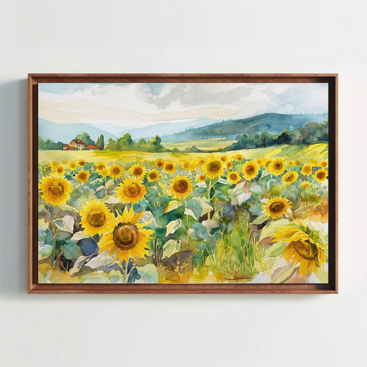 Sunflower Field Wall Art Watercolor Painting Canvas Print, Framed Landscape Art, Beautiful Home Decor, Ready to Hang, Living Room Decor Wall Art – Canvas Print