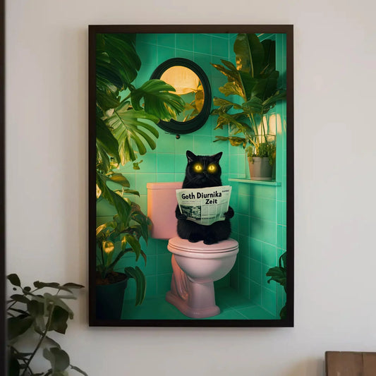 Funny Black Cat Bathroom Canvas Print, Extra Large Quirky Wall Art with Neon Eyes, Whimsical Toilet Humor for Cat Lovers, Plant Decor Fans Wall Art – Canvas Print