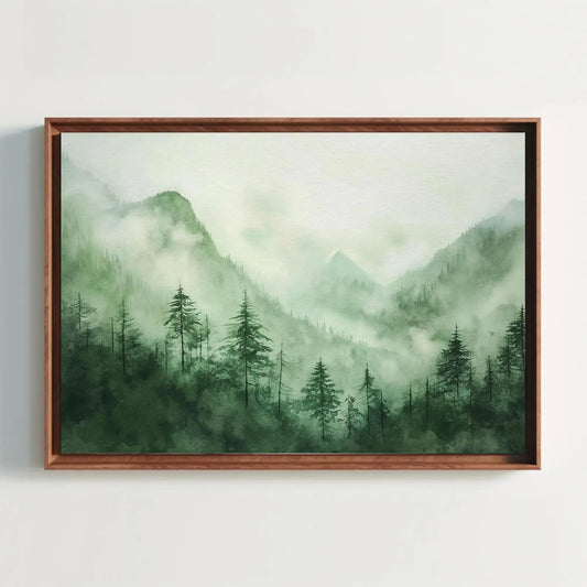 Sage Green Forest Watercolor Painting, Canvas Print, Foggy Mountain Poster, Green Wall Decor, Ready to Hang, Framed Living Room Decor Wall Art – Canvas Print