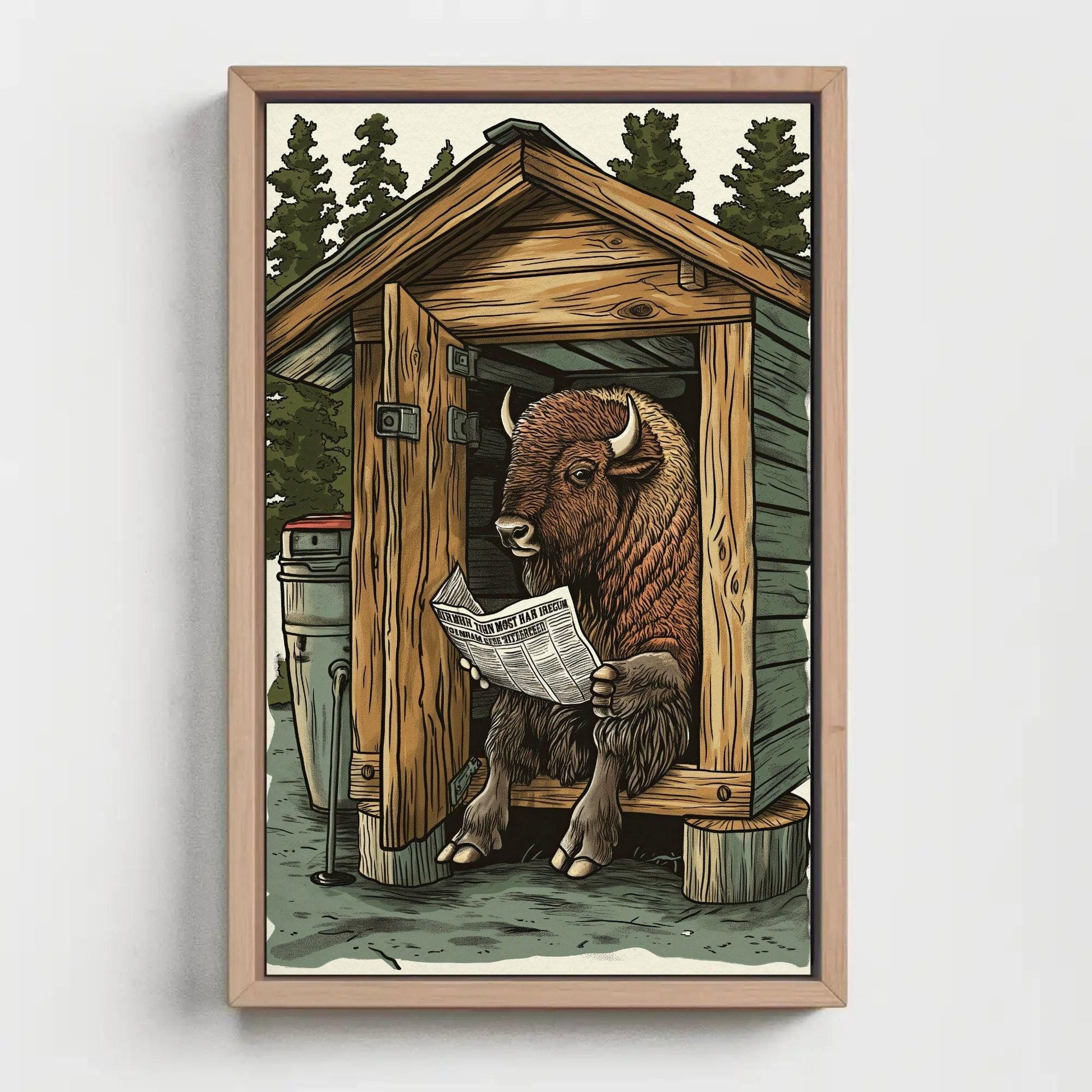 Bison on toilet reading newspaper funny bathroom wall art, animals on toilet, toilet humor, funny bathroom canvas print, rustic wall art Wall Art – Canvas Print