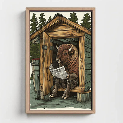 Bison on toilet reading newspaper funny bathroom wall art, animals on toilet, toilet humor, funny bathroom canvas print, rustic wall art Wall Art – Canvas Print