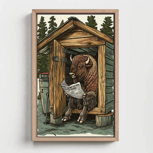 Bison on toilet reading newspaper funny bathroom wall art, animals on toilet, toilet humor, funny bathroom canvas print, rustic wall art Wall Art – Canvas Print