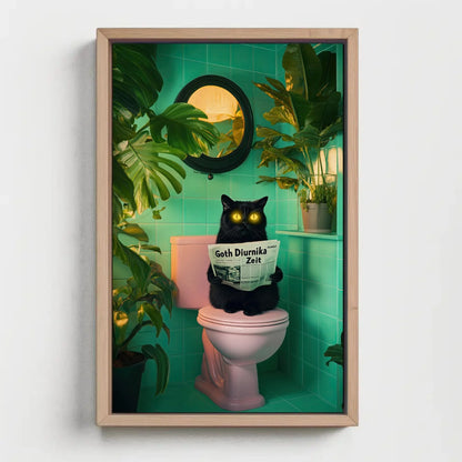 Funny Black Cat Bathroom Canvas Print, Extra Large Quirky Wall Art with Neon Eyes, Whimsical Toilet Humor for Cat Lovers, Plant Decor Fans Wall Art – Canvas Print