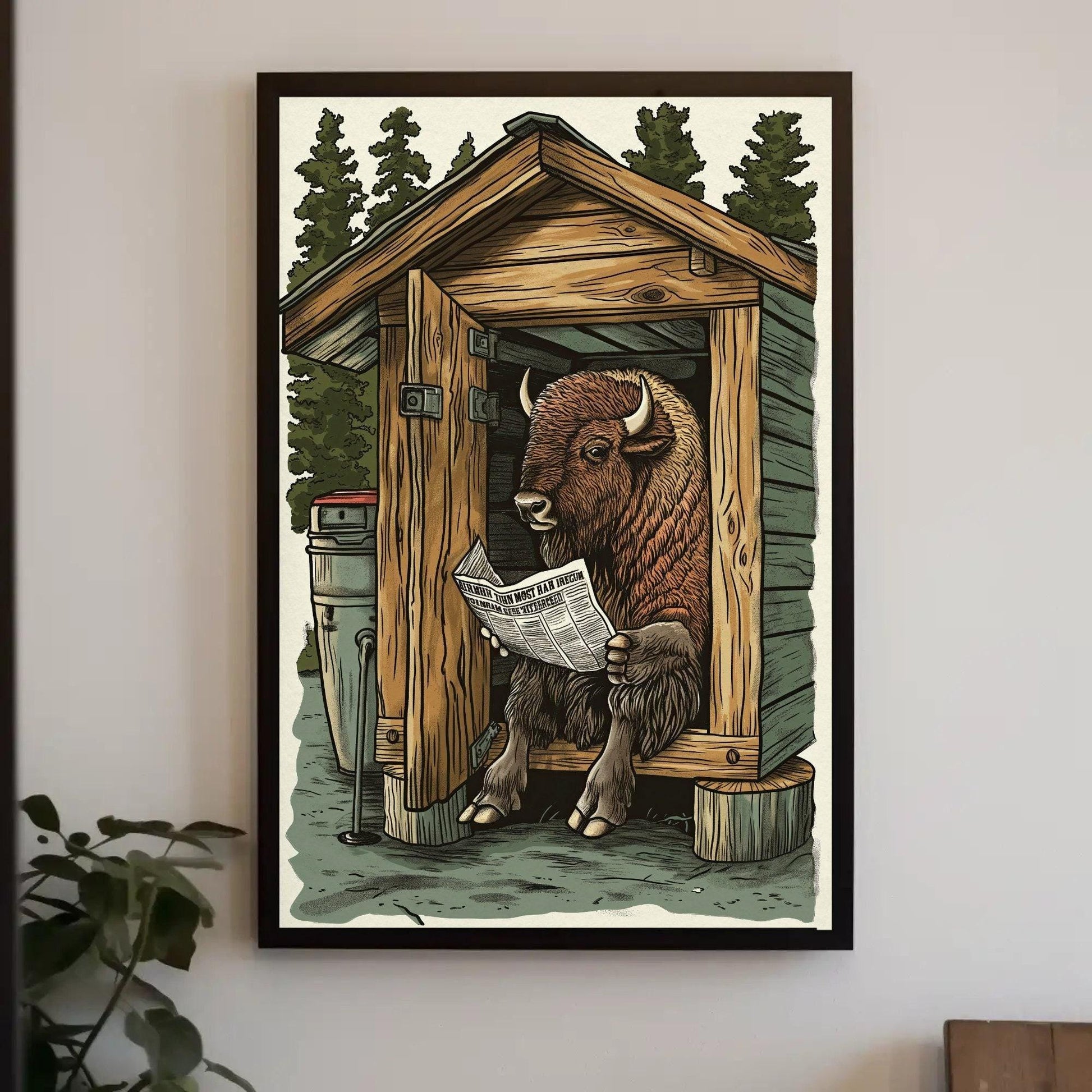 Bison on toilet reading newspaper funny bathroom wall art, animals on toilet, toilet humor, funny bathroom canvas print, rustic wall art Wall Art – Canvas Print
