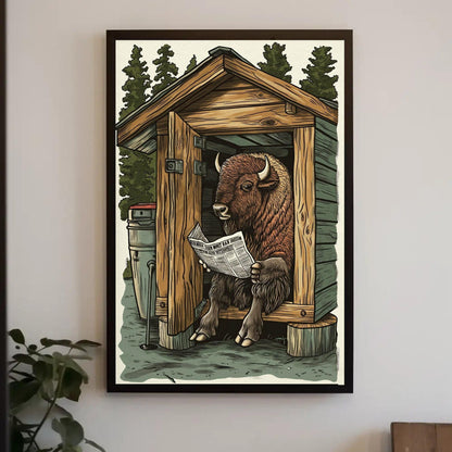 Bison on toilet reading newspaper funny bathroom wall art, animals on toilet, toilet humor, funny bathroom canvas print, rustic wall art Wall Art – Canvas Print