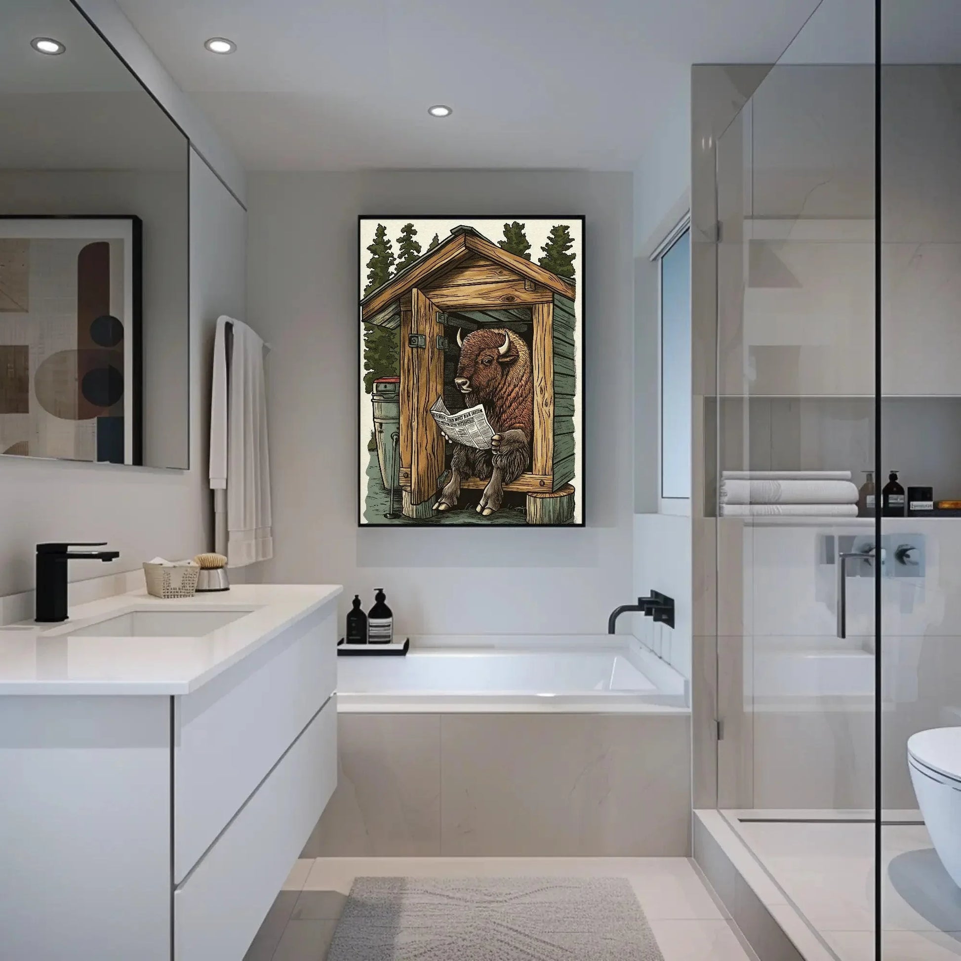 Bison on toilet reading newspaper funny bathroom wall art, animals on toilet, toilet humor, funny bathroom canvas print, rustic wall art Wall Art – Canvas Print