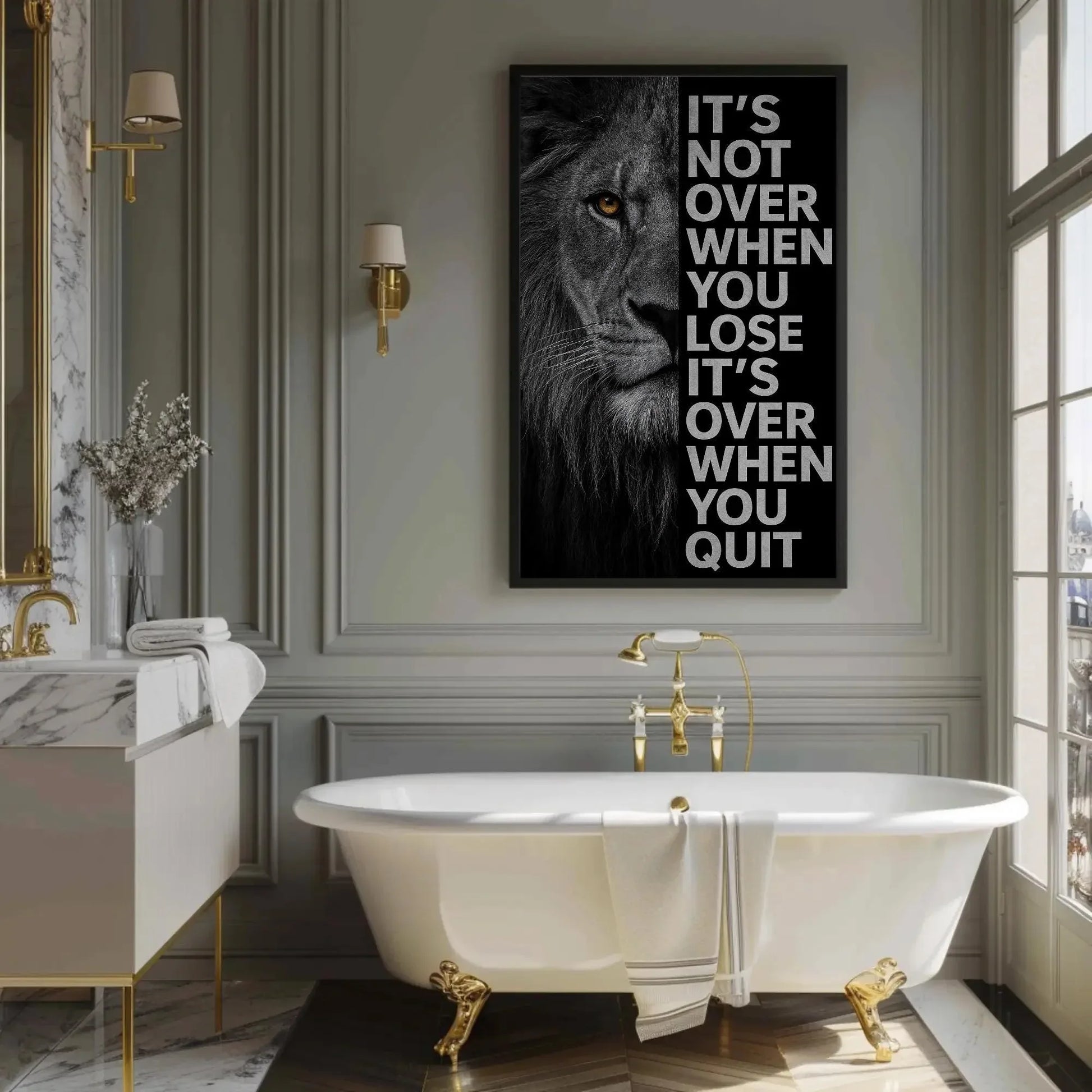 Motivational Lion Canvas Print, Extra Large Black and White Wall Art with Quote, Bold Office or Gym Decor for Men’s Spaces Success Mindset Wall Art – Canvas Print