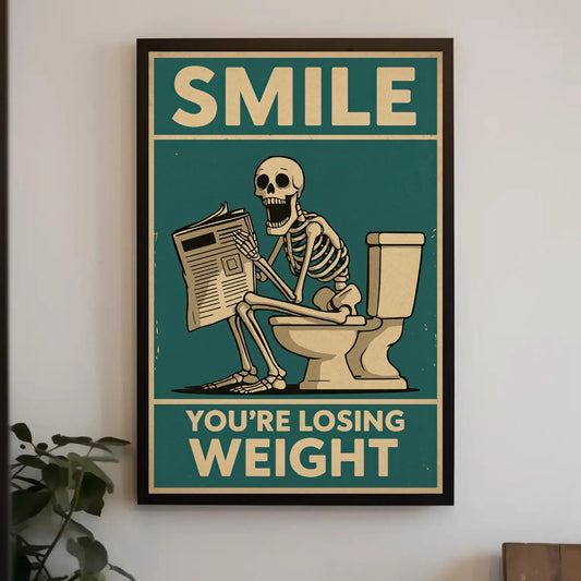 Skeleton Reading Newspaper Canvas Print, Extra Large Funny “You’re Losing Weight” Wall Art, Humorous Bathroom or Office Decor Quirky Spaces Wall Art – Canvas Print
