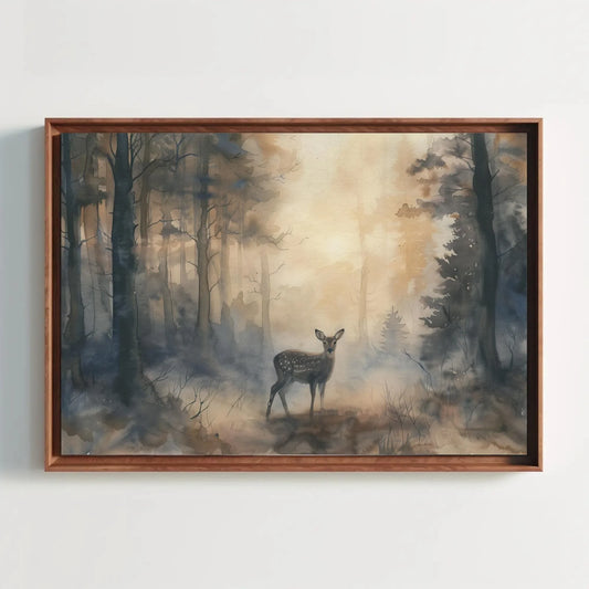Deer in Misty Pine Forest Canvas Print - Extra Large Watercolor Woodland Painting - Serene Nature Wall Art for Cabin, Lodge, or Rustic Home Wall Art – Canvas Print