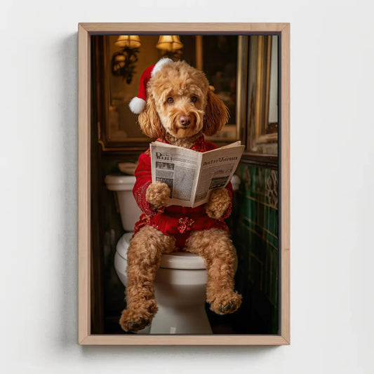 Goldendoodle in Santa Hat Reading Newspaper Canvas Print, Christmas Dog Bathroom Art, Funny Holiday Decor, Whimsical Dog Wall Art Wall Art – Canvas Print