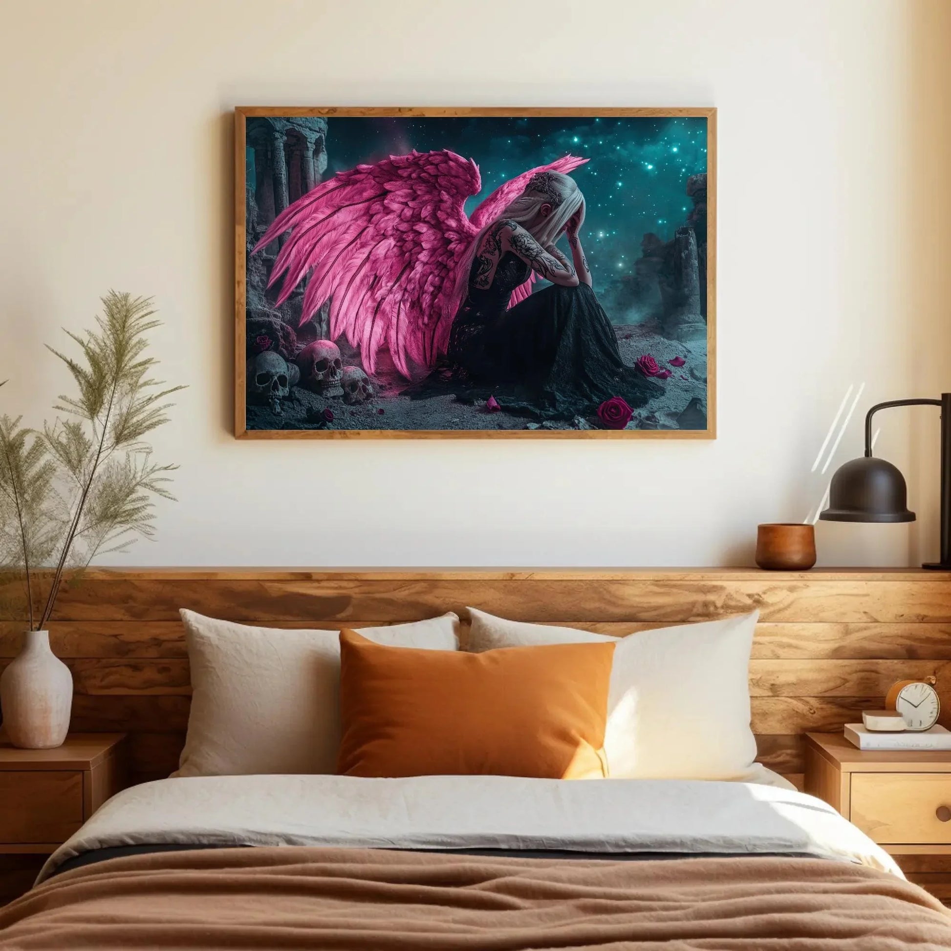 Sad Gothic Angel Canvas Print, Extra Large Pink Wing Tattoo Girl Wall Art, Emotional Fantasy Skull Decor for Alternative Bedroom or Studio Wall Art – Canvas Print