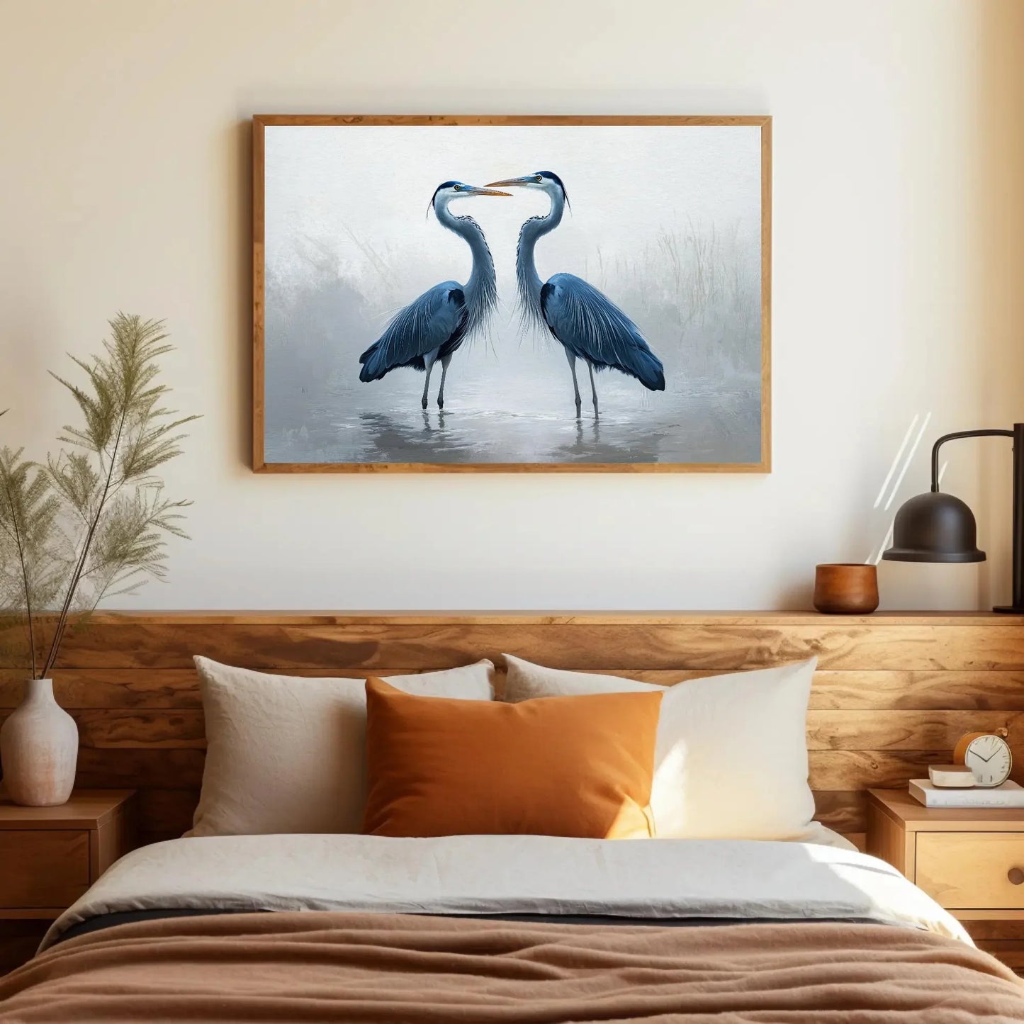 Minimalist Heron Canvas Print, Extra Large Blue Bird Wall Art, Soft Nature-Inspired Painting for Calm Living Room or Zen Interior Decor Wall Art – Canvas Print