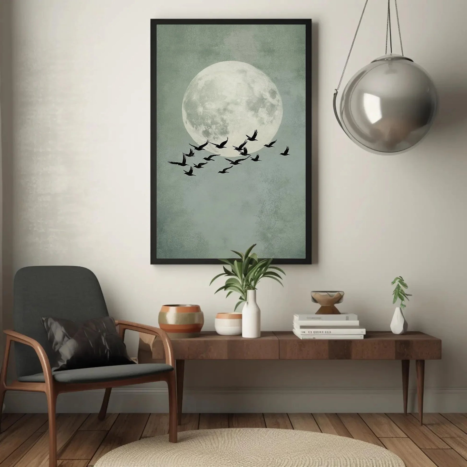 Sage Green Japandi Sun and Birds Canvas Print, Large, Abstract Wall Art, Minimalist Nature Decor for Bedroom, Office, or Zen Living Space Wall Art – Canvas Print
