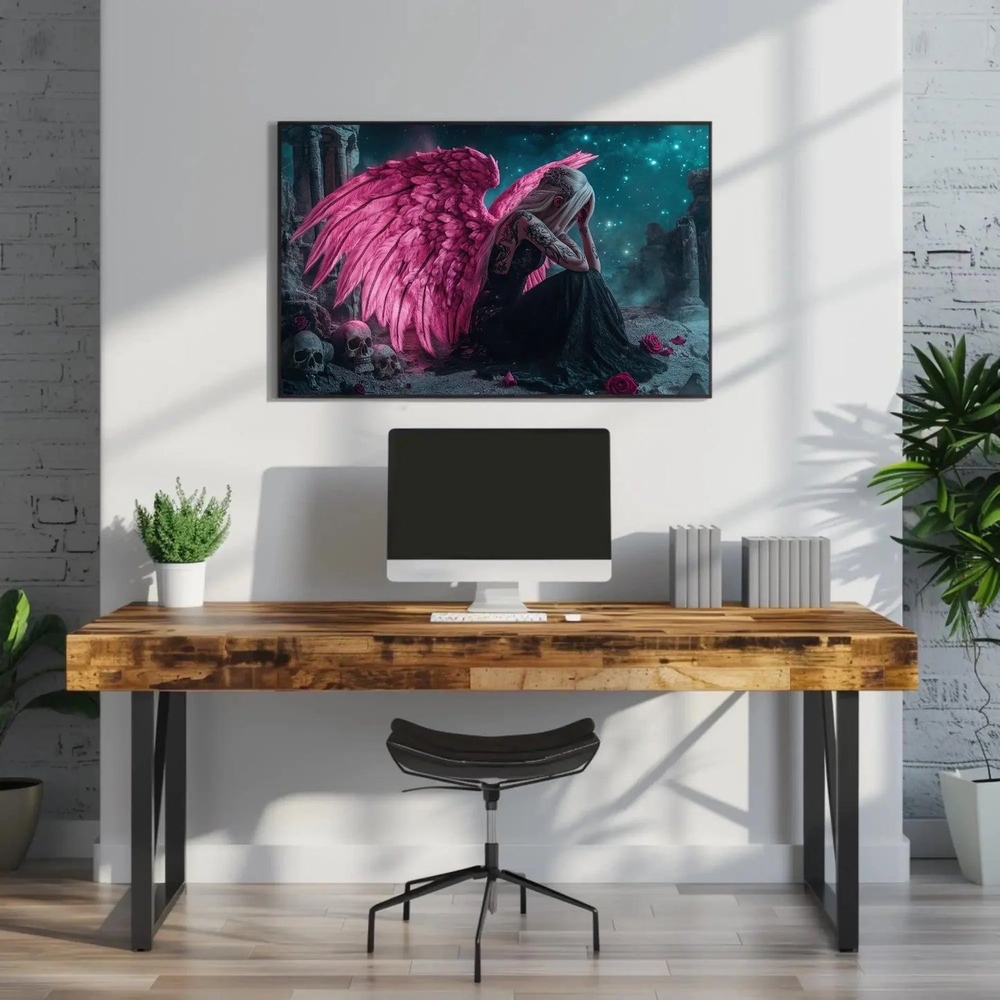 Sad Gothic Angel Canvas Print, Extra Large Pink Wing Tattoo Girl Wall Art, Emotional Fantasy Skull Decor for Alternative Bedroom or Studio Wall Art – Canvas Print