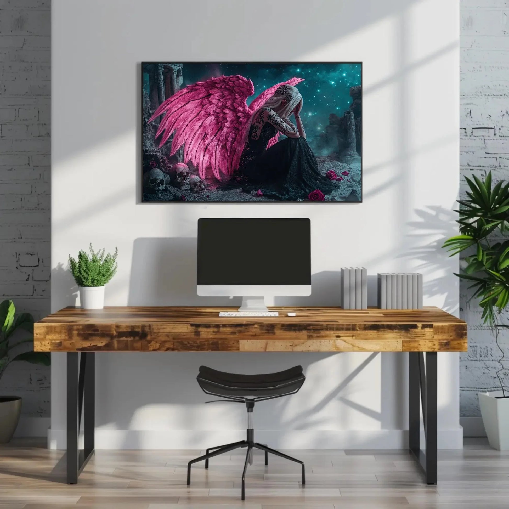 Sad Gothic Angel Canvas Print, Extra Large Pink Wing Tattoo Girl Wall Art, Emotional Fantasy Skull Decor for Alternative Bedroom or Studio Wall Art – Canvas Print