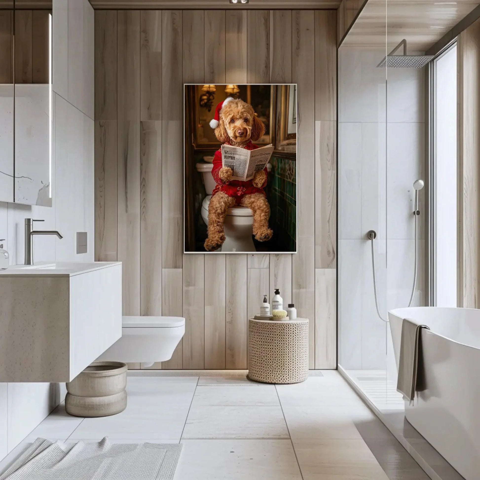 Goldendoodle in Santa Hat Reading Newspaper Canvas Print, Christmas Dog Bathroom Art, Funny Holiday Decor, Whimsical Dog Wall Art Wall Art – Canvas Print