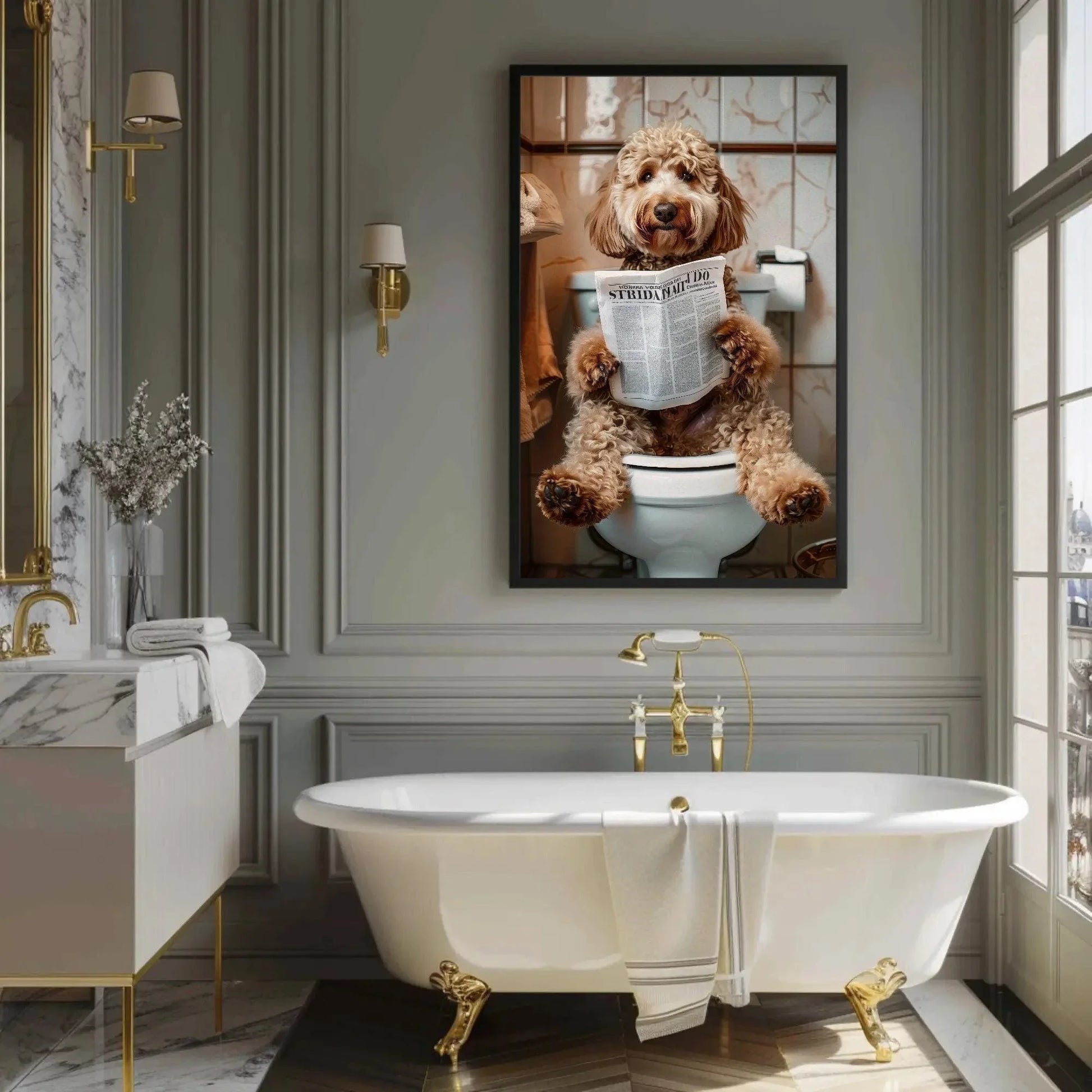 Goldendoodle dog reading newspaper on toilet canvas print - toilet humor -whimsical bathroom art - funny animal print - hq ready to hang Wall Art – Canvas Print