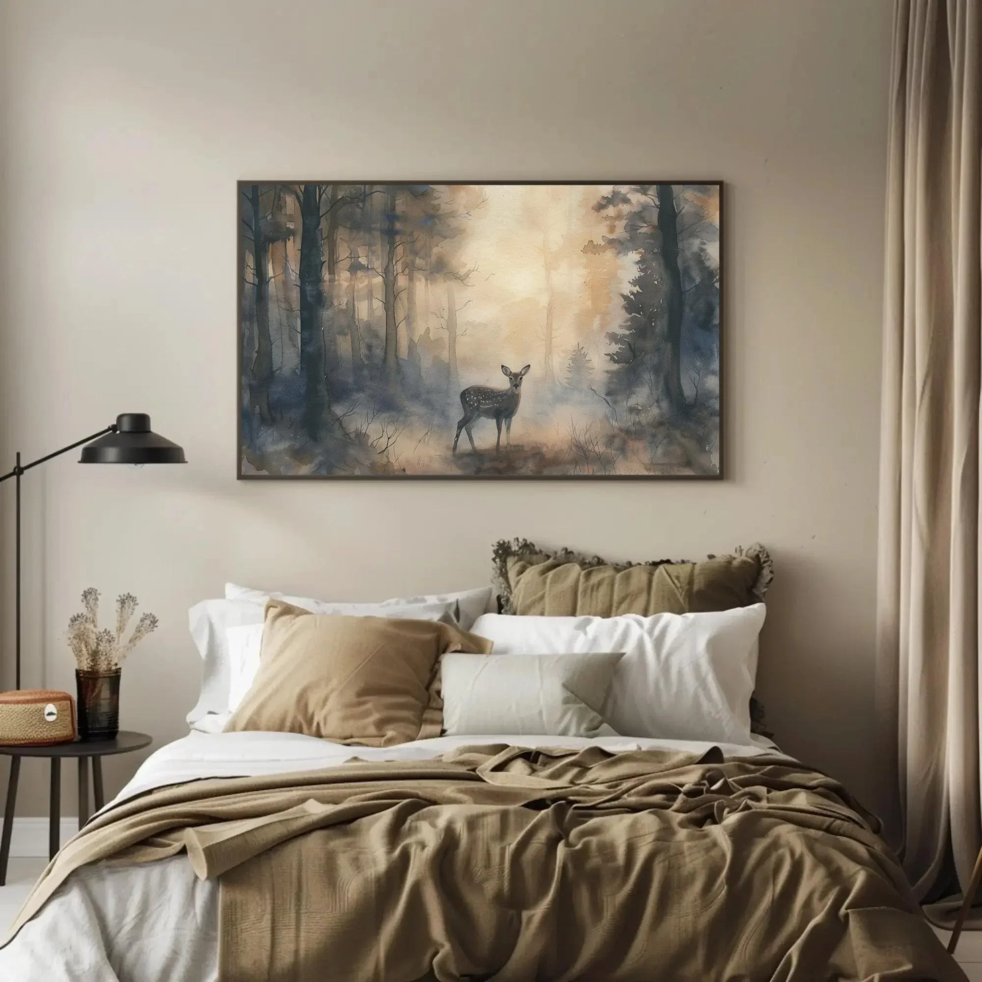 Deer in Misty Pine Forest Canvas Print - Extra Large Watercolor Woodland Painting - Serene Nature Wall Art for Cabin, Lodge, or Rustic Home Wall Art – Canvas Print