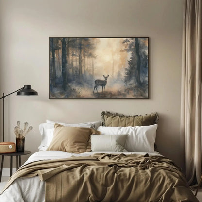 Deer in Misty Pine Forest Canvas Print - Extra Large Watercolor Woodland Painting - Serene Nature Wall Art for Cabin, Lodge, or Rustic Home Wall Art – Canvas Print
