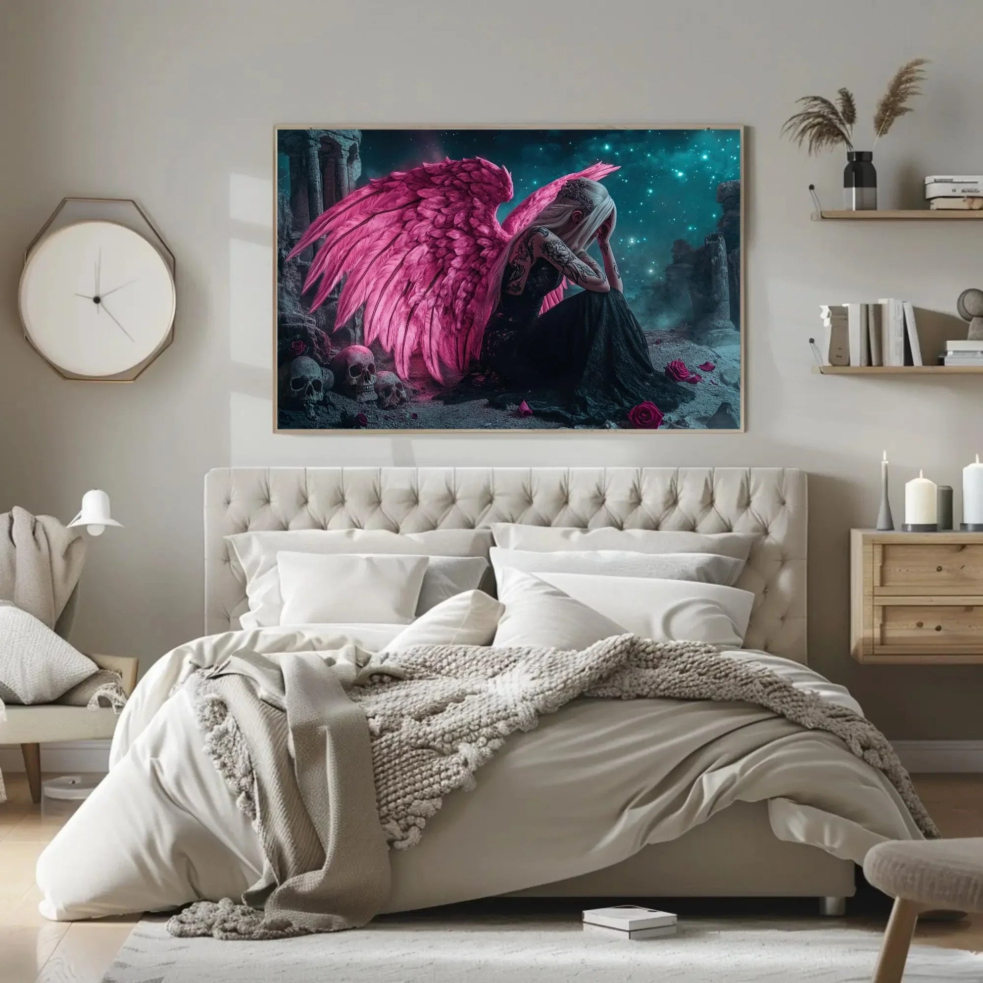 Sad Gothic Angel Canvas Print, Extra Large Pink Wing Tattoo Girl Wall Art, Emotional Fantasy Skull Decor for Alternative Bedroom or Studio Wall Art – Canvas Print
