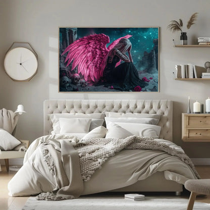 Sad Gothic Angel Canvas Print, Extra Large Pink Wing Tattoo Girl Wall Art, Emotional Fantasy Skull Decor for Alternative Bedroom or Studio Wall Art – Canvas Print
