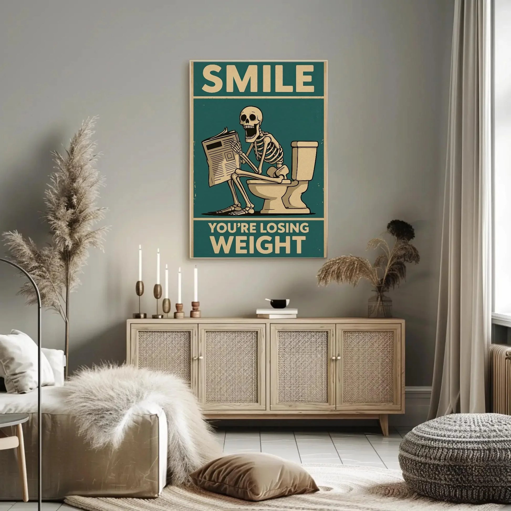 Skeleton Reading Newspaper Canvas Print, Extra Large Funny “You’re Losing Weight” Wall Art, Humorous Bathroom or Office Decor Quirky Spaces Wall Art – Canvas Print