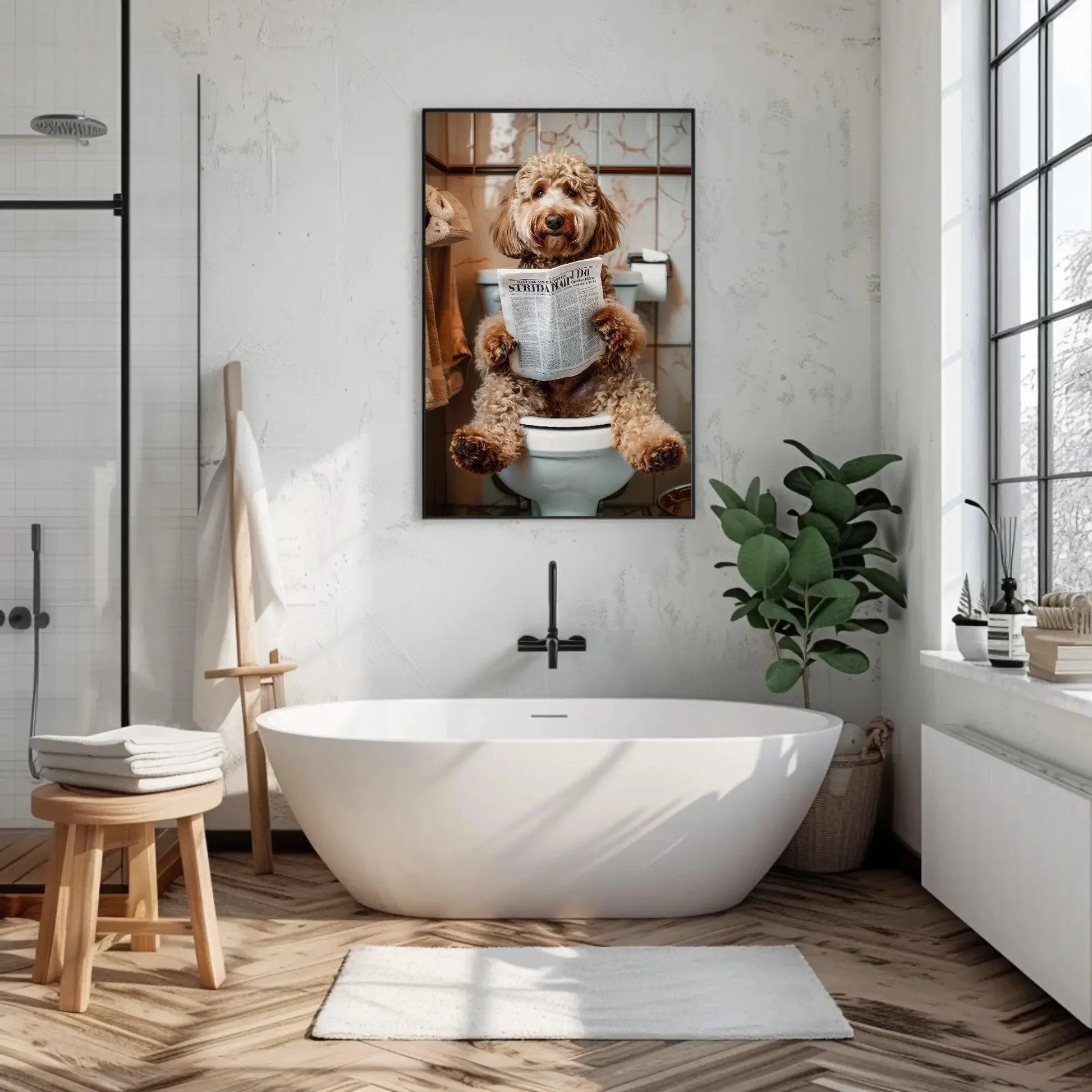 Goldendoodle dog reading newspaper on toilet canvas print - toilet humor -whimsical bathroom art - funny animal print - hq ready to hang Wall Art – Canvas Print