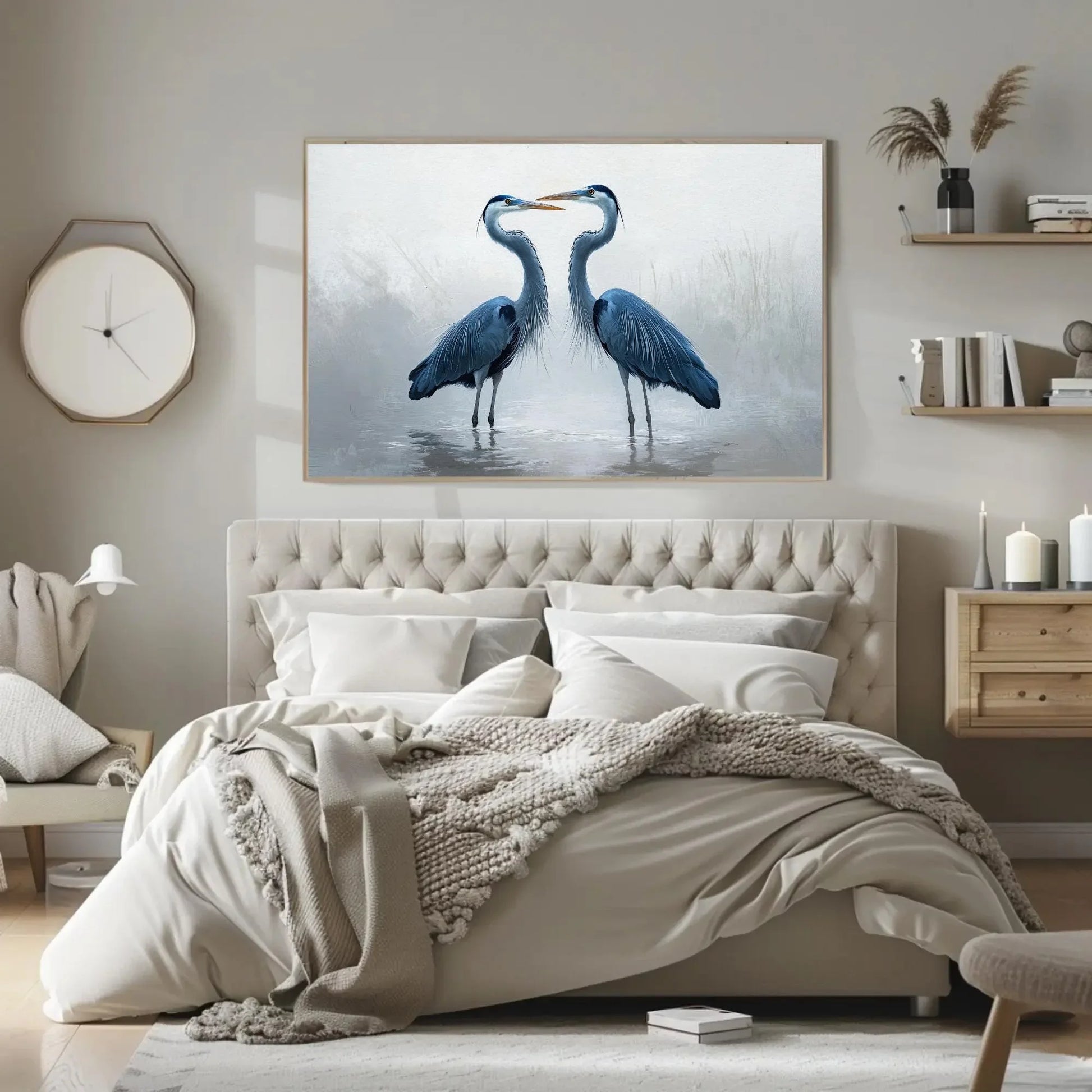 Minimalist Heron Canvas Print, Extra Large Blue Bird Wall Art, Soft Nature-Inspired Painting for Calm Living Room or Zen Interior Decor Wall Art – Canvas Print
