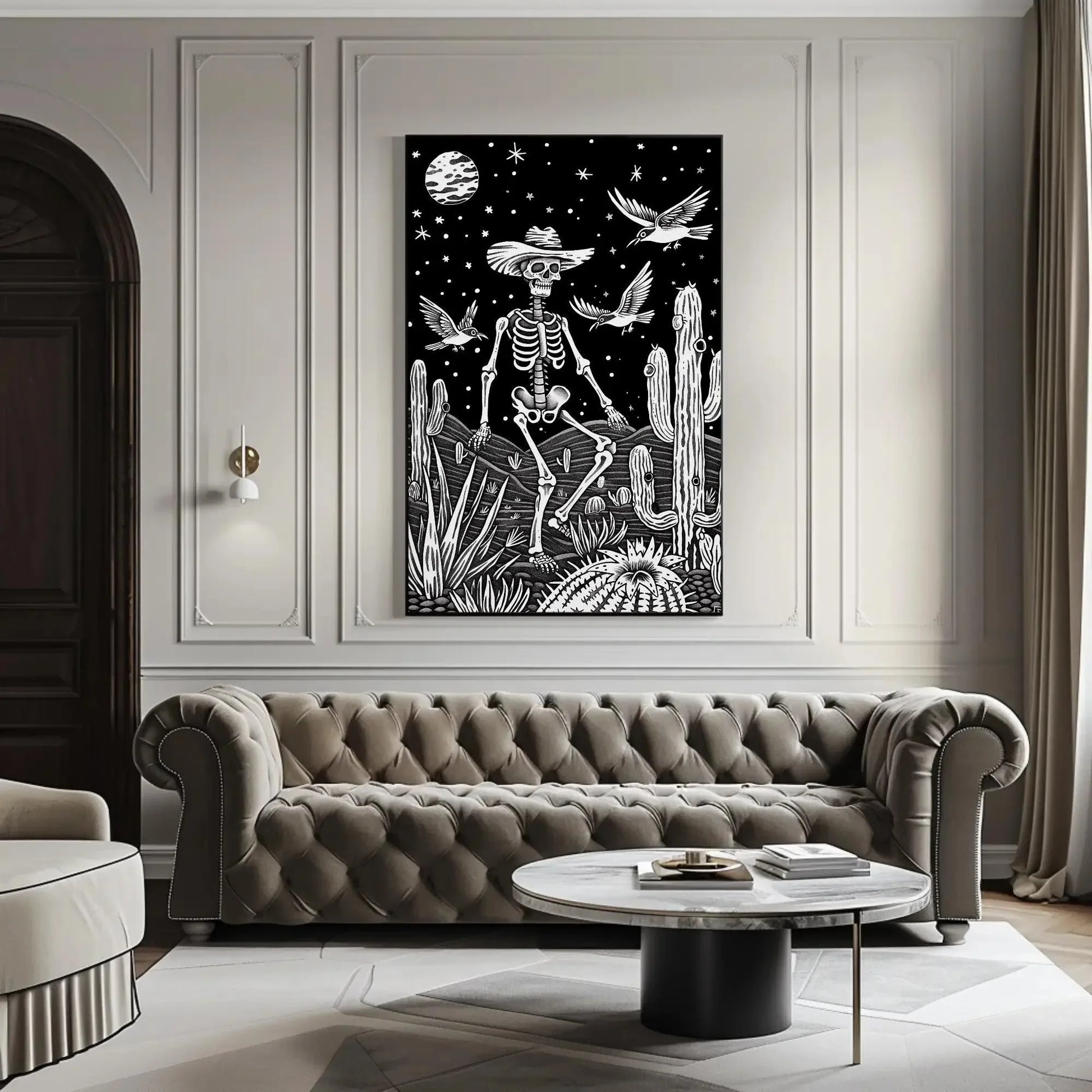 Mexican Skull with Sombrero Canvas Print, Extra Large Black and White Cactus Art, Day of the Dead Wall Decor for Rustic Cultural Home Style Wall Art – Canvas Print