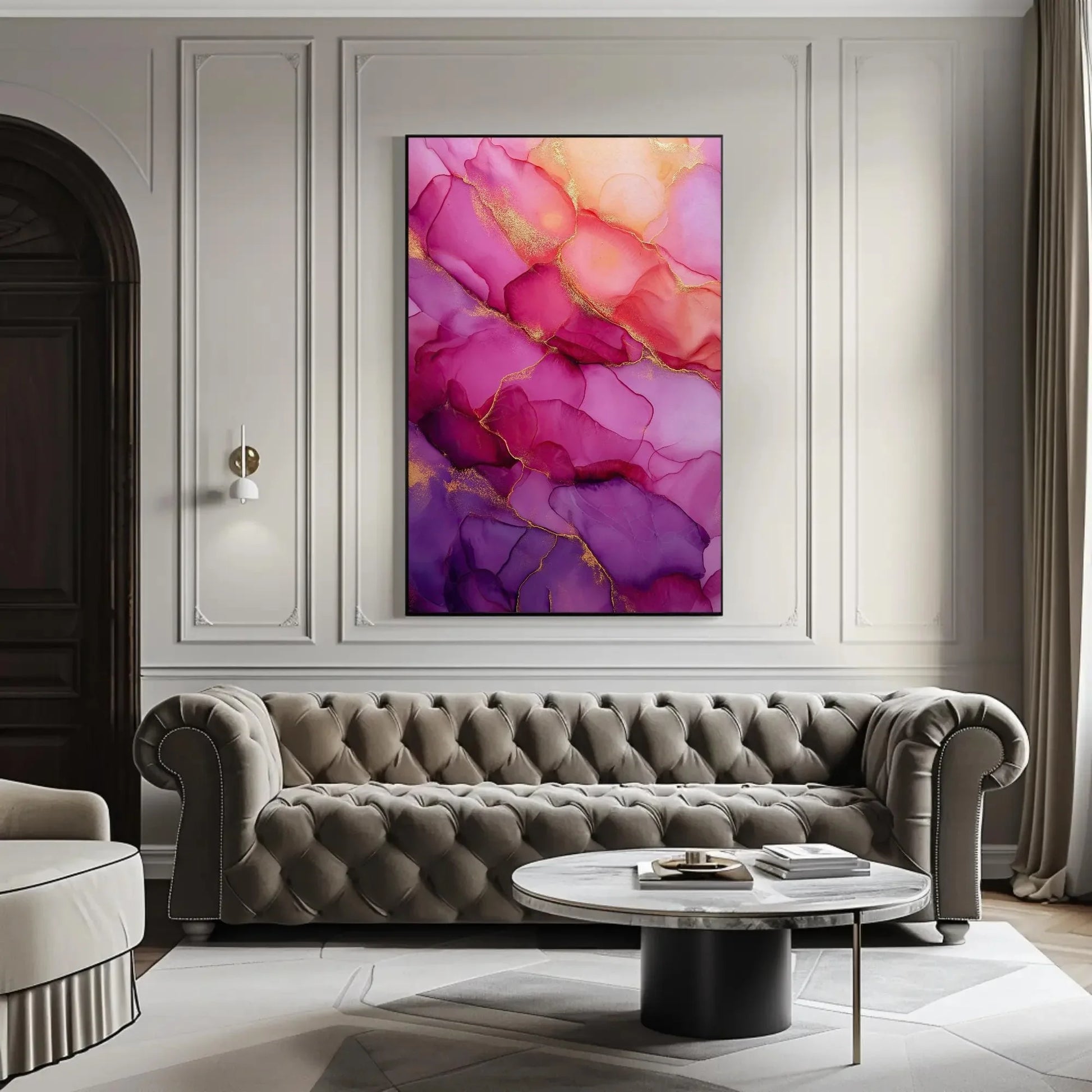 Pink and Purple Abstract Canvas Print, Extra Large Alcohol Ink Wall Art with Gold Accents, Modern Elegant Decor Bedroom, Office, Living Room Wall Art – Canvas Print